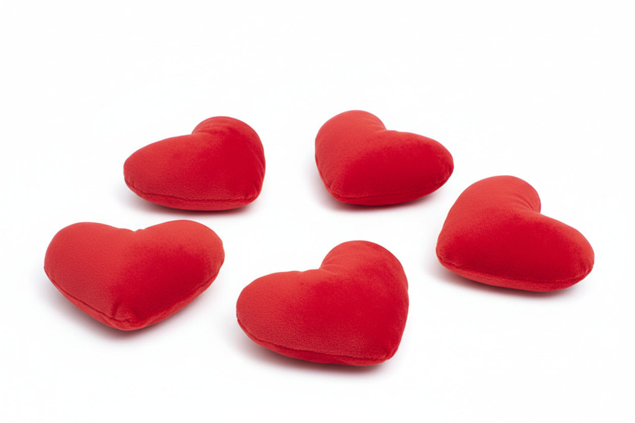 Five red heart-shaped cushions dog toy