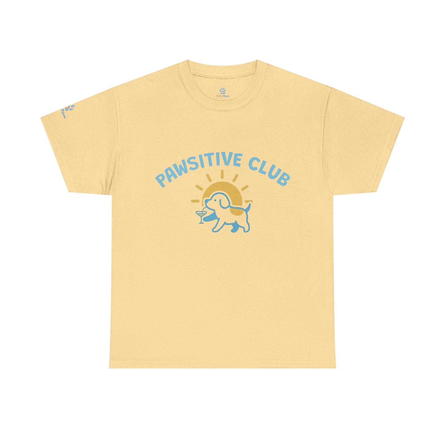 Yellow t-shirt with 'Pawsitive Club' text and dog graphic my human’s pawsitive club tee rios paws