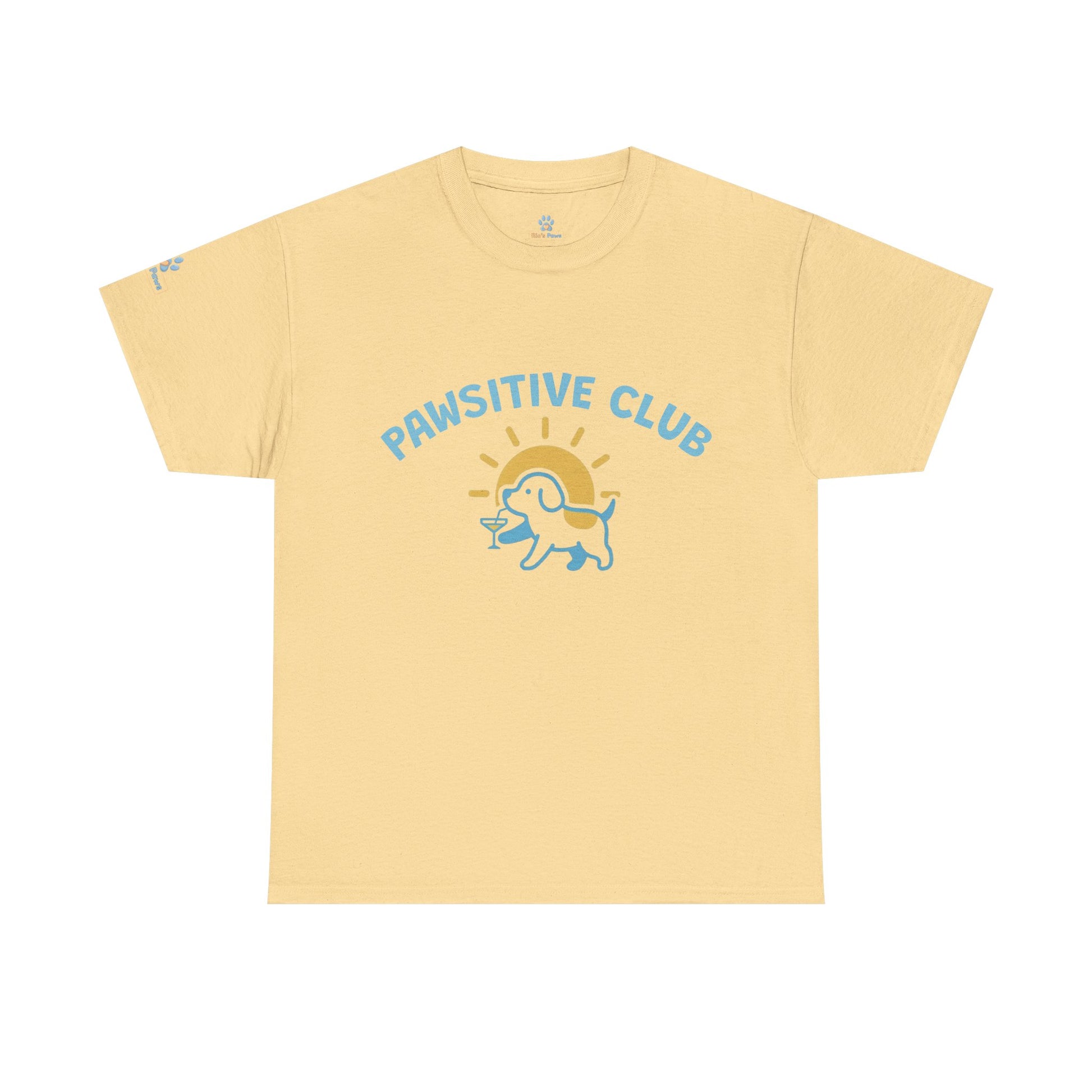 Yellow t-shirt with 'Pawsitive Club' text and dog graphic my human’s pawsitive club tee rios paws