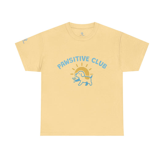 Yellow t-shirt with 'Pawsitive Club' text and dog graphic my human’s pawsitive club tee rios paws