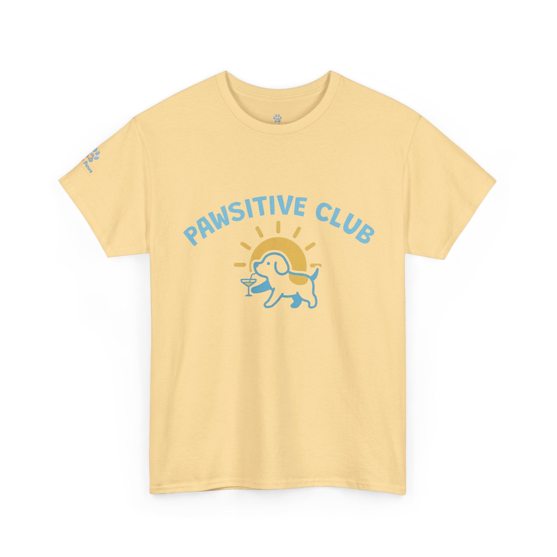 Yellow t-shirt with 'Pawsitive Club' text and dog graphic my human’s pawsitive club tee rios paws