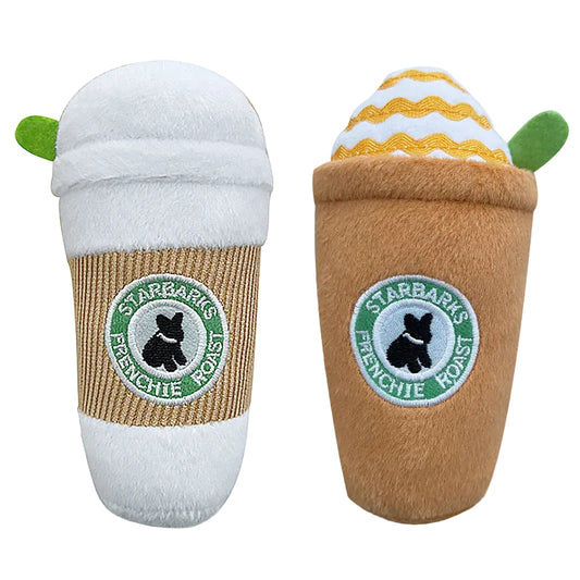 Two plush coffee cup toys with 'Starbarks' branding rio’s starbarks cup plush dog toy